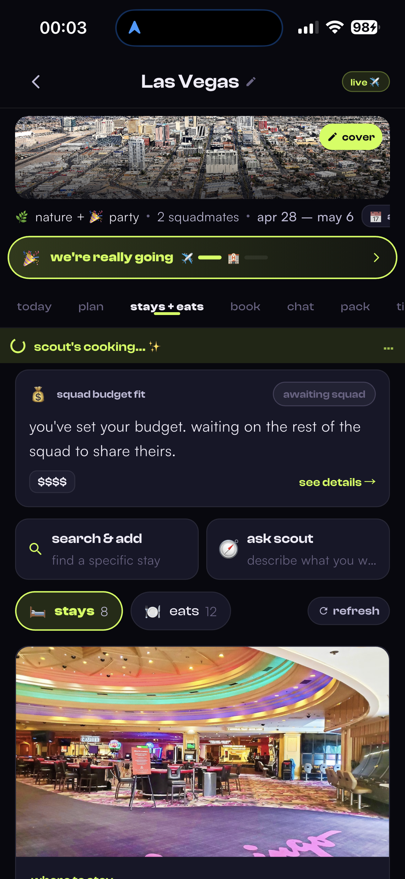 Squad Budget Fit card on the TripSquad Stays + Eats tab